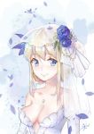  1girl absurdres artist_name bare_shoulders blonde_hair blue_dress blue_eyes blue_flower blue_gloves breasts bridal_veil cleavage closed_mouth collarbone dou_(1277759191) dress elbow_gloves eyelashes flower gloves hair_flower hair_ornament highres jewelry lexington_(zhan_jian_shao_nyu) lips looking_at_viewer medium_breasts necklace pendant petals purple_flower sagging_breasts sidelocks sign simple_background sleeveless sleeveless_dress smile solo strapless strapless_dress tied_hair upper_body veil wedding_dress zhan_jian_shao_nyu 