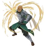  1boy agil_(sao-alo) armor armored_boots bald belt black_pants boots clenched_hand clenched_teeth dark_skin facial_tattoo fingerless_gloves gloves green_gloves looking_at_viewer pants solo spaulders stance standing sword_art_online tattoo teeth transparent_background 