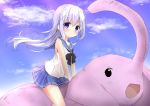  1girl blue_eyes blue_hair clouds elephant gochuumon_wa_usagi_desu_ka? hair_ornament hairclip kafuu_chino kouda_suzu long_hair open_mouth pawoo riding shirt sitting skirt sky sleeveless sleeveless_shirt smile 