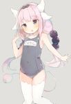  1girl :o beads blue_eyes blush bow covered_navel dragon_girl dragon_horns dragon_tail hair_beads hair_ornament hairband highres horns kanna_kamui kobayashi-san_chi_no_maidragon lavender_hair low_twintails one-piece_swimsuit open_mouth solo swimsuit tail thigh-highs twintails ura_(ur_wave) 