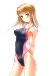  1girl arms_behind_back blonde_hair competition_swimsuit contrapposto cowboy_shot hikaru_ga_chikyuu_ni_itakoro ina long_hair looking_at_viewer one-piece_swimsuit red_eyes shikibu_honoka simple_background solo swimsuit white_background 