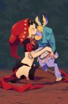  1boy 1girl animal_ears armor blush closed_eyes cornelius_(odin_sphere) forehead_kiss furry gauntlets highres hood hug kiss midriff navel odin_sphere petitcarreau rabbit_ears seiza sitting stomach thigh-highs velvet_(odin_sphere) 