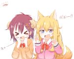  &gt;_&lt; 2girls animal_ears artist_signature blonde_hair blue_eyes blush cardigan claw_pose closed_eyes demon_horns fang gabriel_dropout hair_ornament hand_to_own_mouth highres horns kemonomimi_mode long_hair messy_hair multiple_girls open_mouth pen_ag pink_cardigan purple_hair school_uniform short_hair tail tenma_gabriel_white topknot tsukinose_vignette_april white_background x_hair_ornament 