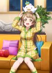  1girl artist_request bangs bow breasts brown_eyes brown_hair checkered collarbone couch crown hair_bow indoors long_hair looking_at_viewer love_live! love_live!_school_idol_festival love_live!_school_idol_project minami_kotori mini_crown night nightgown object_on_head official_art one_side_up pillow plant ribbon side_ponytail sitting smile socks solo stuffed_animal stuffed_bird stuffed_toy window 