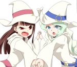  &gt;:o 2girls :o bangs blue_eyes blunt_bangs brown_hair diana_cavendish frown hand_holding hat kagari_atsuko little_witch_academia long_hair long_sleeves looking_at_viewer multiple_girls open_mouth red_eyes ribonzu simple_background white_background white_hair wide_sleeves witch witch_hat 