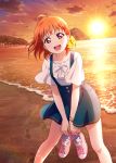  1girl ahoge artist_request bangs beach bow clouds collarbone hair_ornament hairclip looking_at_viewer love_live! love_live!_school_idol_festival love_live!_sunshine!! ocean official_art open_mouth orange_hair outdoors red_eyes scenery shoes_removed short_hair skirt sky smile solo sun sunset suspender_skirt suspenders takami_chika water wind 