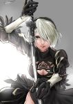  1girl breasts cleavage gloves green_eyes grey_background grey_hair hair_over_one_eye highres katana kilye_4421 large_breasts mole mole_under_eye nier_(series) nier_automata short_hair sketch solo sword thighs weapon yorha_no._2_type_b 