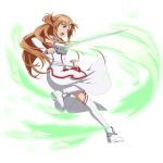  1girl asuna_(sao) boots breastplate brown_eyes brown_hair detached_sleeves dress floating_hair holding holding_sword holding_weapon long_hair one_leg_raised open_mouth solo sword sword_art_online thigh-highs transparent_background very_long_hair weapon white_boots white_dress white_legwear 