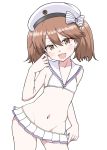  1girl :d bikini brown_eyes brown_hair cosplay fang flat_chest groin hair_between_eyes hat kantai_collection kirigaku open_mouth ryuujou_(kantai_collection) sailor_bikini sailor_collar sailor_hat short_hair simple_background smile solo swimsuit twintails white_background white_bikini white_hat white_sailor_collar z1_leberecht_maass_(kantai_collection) z1_leberecht_maass_(kantai_collection)_(cosplay) 