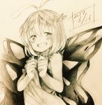  1girl antennae bare_arms blush butterfly_wings commentary eternity_larva grin highres iiha_toobu leaf leaf_on_head looking_at_viewer monochrome short_hair sketch smile solo tareme touhou wings 