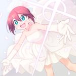  1girl alternate_hairstyle aqua_eyes bent_over bridal_veil bright_pupils choker diffraction_spikes dress dutch_angle ear_piercing grey_background highres luluco mt.somo older petals piercing simple_background uchuu_patrol_luluco veil wedding_dress white_dress 