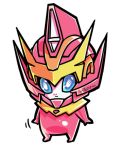  1boy artist_request autobot blue_eyes chibi full_body glowing glowing_eyes lowres machine machinery male_focus mecha no_humans personification robot rodimus simple_background solo transformers white_background 