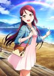  1girl bag beach blue_sky blush bracelet collarbone day denim denim_jacket dress hair_ornament hairclip jewelry keychain long_hair looking_at_viewer love_live! love_live!_school_idol_festival love_live!_sunshine!! ocean official_art open_mouth outdoors pink_dress pointing rainbow redhead sakurauchi_riko sky smile solo stairs yellow_eyes 