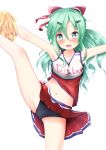  10s 1girl alternate_costume black_panties blue_eyes cheering cheerleader green_hair hair_ribbon highres kantai_collection long_hair midriff mochiyuki open_mouth panties pleated_skirt red_ribbon red_skirt ribbon simple_background skirt solo underwear white_background yamakaze_(kantai_collection) 