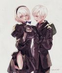  bakgae black_dress black_hairband cleavage_cutout cup dress drinking_glass feather-trimmed_sleeves hairband holding_glass juliet_sleeves long_sleeves nier_(series) nier_automata no_blindfold puffy_sleeves ribbed_dress wine_glass yorha_no._2_type_b yorha_no._9_type_s 