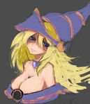  1girl bare_shoulders blonde_hair breasts brush_stroke cleavage dark_magician_girl duel_monster face grey_background hat large_breasts long_hair portrait rokuta66 sketch smirk solo wizard_hat yu-gi-oh! yuu-gi-ou_duel_monsters 
