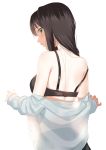  1girl black_bra black_hair black_skirt bra closed_mouth dress_shirt from_behind furururu green_eyes idolmaster idolmaster_cinderella_girls long_hair looking_at_viewer looking_back off_shoulder see-through shibuya_rin shirt simple_background skirt solo standing strap_slip unbuttoned underwear undressing white_background white_shirt 