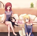  3girls arm_support ayase_eli barefoot bibi_(love_live!) black_eyes black_hair black_shorts blonde_hair breasts brown_hair closed_eyes collarbone couch dress eyebrows_visible_through_hair green_eyes grey_shirt hand_on_another&#039;s_face head_tilt indoors ivioss jewelry legs_crossed long_hair looking_down love_live! love_live!_school_idol_project lying multiple_girls necklace nishikino_maki on_back open_mouth shirt short_shorts short_sleeves shorts sitting sleeping sleeveless sleeveless_dress smile white_dress yazawa_nico 