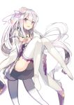  1girl bangs blunt_bangs blush detached_sleeves emilia_(re:zero) flower frills grey_background hair_flower hair_ornament hair_ribbon headdress knees_together_feet_apart long_hair long_legs looking_at_viewer nuudoru open_mouth purple_ribbon re:zero_kara_hajimeru_isekai_seikatsu ribbon silver_hair simple_background smile solo thigh-highs thighs violet_eyes white_flower white_legwear wide_sleeves 