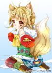  1girl ahoge animal_ears ass bare_shoulders blonde_hair blush bow coin company_name eyebrows_visible_through_hair fang fox_ears fox_tail holding_coin looking_at_viewer mittens mohumohu-san parted_lips red_eyes red_mittens ribbon seiza shinkai_no_valkyrie sitting snow solo tail yellow_bow yellow_ribbon 