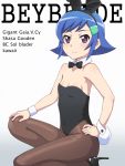  1girl animal_ears bare_shoulders beyblade beyblade:_burst blue_hair bow bowtie breasts brown_legwear bunny_girl bunny_tail bunnysuit commentary_request detached_collar fake_animal_ears hairband hand_on_hip hand_on_own_knee high_heels meow_(nekodenki) pantyhose rabbit_ears shasa_gooden short_hair small_breasts solo tail violet_eyes wrist_cuffs 