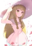  1girl adjusting_clothes adjusting_hat bangs bare_shoulders blonde_hair blunt_bangs braid closed_mouth collarbone collared_dress commentary_request cowboy_shot dress green_eyes hat highres light_particles lillie_(pokemon) long_hair looking_at_viewer petals pokemon pokemon_(game) pokemon_sm see-through sleeveless sleeveless_dress smile_(qd4nsvik) solo standing sun_hat sundress twin_braids white_background white_dress white_hat 