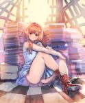  1girl ankle_boots backlighting bare_legs book_stack boots bow_(bhp) brown_eyes brown_hair character_request dress eyebrows_visible_through_hair frown hair_over_shoulder hand_on_own_knee long_hair low_twintails red_shoes scrunchie shoes short_dress sitting solo thighs twintails white_dress 