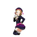  1girl a-rise artist_request beret blush boots bow brown_hair choker earrings epaulettes flower frills gloves green_eyes hand_on_hip hat jacket jewelry kira_tsubasa looking_at_viewer love_live! love_live!_school_idol_festival love_live!_school_idol_project official_art one_eye_closed open_mouth shocking_party short_hair skirt smile solo thigh-highs thigh_boots zettai_ryouiki 