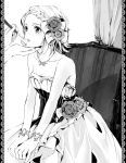  1girl bracelet breasts cleavage collarbone dress flower greyscale hair_flower hair_ornament indoors jewelry kagamine_rin makeup makeup_brush mayumelo medium_breasts monochrome necklace parted_lips short_hair simple_background sitting sleeveless sleeveless_dress solo strapless strapless_dress vocaloid white_background 
