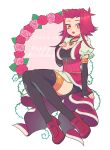  1girl breasts choker cleavage eyes_visible_through_hair flower full_body izayoi_aki large_breasts looking_at_viewer nns146 open_mouth puffy_short_sleeves puffy_sleeves red_eyes redhead rose shoes short_hair short_sleeves sitting smile solo thigh-highs yu-gi-oh! yuu-gi-ou_5d&#039;s 