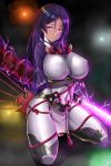  1girl bodysuit breasts covered_navel electricity fate/grand_order fate_(series) full_body highres holding holding_weapon huge_breasts katana light_smile long_hair looking_at_viewer minamoto_no_raikou_(fate/grand_order) purple_hair seiza shiny shiny_clothes shiny_skin sitting solo sword thighs violet_eyes weapon zukky 