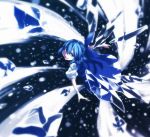  &gt;:d 1girl :d blue_bow blue_dress blue_eyes blue_hair bow cirno dress hair_between_eyes hair_bow hinomoto_madoka ice ice_wings looking_at_viewer open_mouth outstretched_arms puffy_short_sleeves puffy_sleeves short_hair short_sleeves smile solo spread_arms touhou wings wristband 
