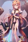  1girl bangs blush breasts brown_eyes brown_hair cleavage club day detached_sleeves fantasy floating_rock grin highleg highres holding holding_weapon large_breasts oni oni_horns original outdoors parted_lips revealing_clothes smile solo standing thigh-highs tougetsu_gou weapon wide_sleeves 