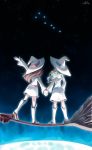  2girls broom broom_riding brown_hair diana_cavendish eliln hand_holding hat highres image_sample kagari_atsuko little_witch_academia long_hair long_sleeves multiple_girls space tagme tumblr_sample waving white_hair witch witch_hat 