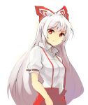  bow clear_echoes eyebrows_visible_through_hair fujiwara_no_mokou hair_bow highres long_hair looking_at_viewer red_eyes shirt short_sleeves silver_hair simple_background suspenders touhou very_long_hair white_background 