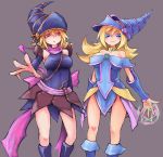  2girls bare_shoulders blonde_hair blue_eyes breasts cowboy_shot dark_magician_girl duel_monster eyebrows gagaga_girl hair_between_eyes hat hexagram highres large_breasts looking_at_viewer multiple_girls open_mouth pentagram red_eyes rokuta66 skirt smile wizard_hat yu-gi-oh! yuu-gi-ou_duel_monsters yuu-gi-ou_zexal 