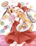  1girl ;p abe_suke blonde_hair bow bowtie cowboy_shot cupcake doughnut eyebrows_visible_through_hair flandre_scarlet food hair_between_eyes hand_to_own_mouth hand_up hat hat_bow hat_ribbon high-waist_skirt holding holding_food holding_plate long_hair looking_at_viewer mob_cap one_eye_closed plate pointy_ears red_bow red_eyes red_ribbon red_skirt red_vest ribbon shiny shiny_hair shirt short_sleeves side_ponytail skirt skirt_set slit_pupils smile solo standing sweets tongue tongue_out touhou vest white_shirt wings wrist_cuffs 