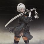  1girl 3d black_dress dress hair_over_one_eye hairband highres leslyzerosix looking_at_viewer nier_(series) nier_automata short_hair silver_hair solo sword upper_body weapon yorha_no._2_type_b 