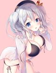  10s 1girl artist_name beret bikini black_bikini black_hat blue_eyes blush breasts collarbone halterneck hand_in_hair hand_on_own_cheek hat kantai_collection kashima_(kantai_collection) large_breasts leaning_forward long_hair long_sleeves looking_at_viewer navel open_mouth pink_background shirt silver_hair simple_background solo sousouman swimsuit twintails white_shirt 