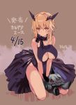  1girl artoria_pendragon_alter_(fate/grand_order) ascot bare_legs bare_shoulders between_legs black_dress blonde_hair blush breasts cleavage cleavage_cutout commentary_request dated dress fate/grand_order fate_(series) hand_between_legs highres horns horse kneeling large_breasts looking_at_viewer red_eyes saber saber_alter under_boob yellow_eyes 