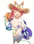  1girl animal_ears bikini blue_bikini blush breasts cleavage fate/extra fate/grand_order fate_(series) fox_ears fox_tail from_above hat highres hose knees_together_feet_apart large_breasts leaning_forward long_hair looking_at_viewer one_eye_closed open_mouth pink_hair reinama sandals see-through shirt side-tie_bikini straw_hat sun_hat swimsuit tail tamamo_(fate)_(all) tamamo_no_mae_(swimsuit_lancer)_(fate) thighs wet wet_clothes wet_shirt white_shirt yellow_eyes 