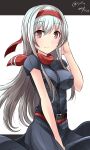  1girl 2017 black_dress breast_pocket cosplay cowboy_shot dated dress hairband hebitsukai-san highres kantai_collection long_hair looking_at_viewer neckerchief pocket red_eyes red_neckerchief remodel_(kantai_collection) saratoga_(kantai_collection) saratoga_(kantai_collection)_(cosplay) shoukaku_(kantai_collection) silver_hair smile solo twitter_username 