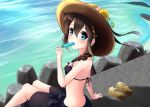  10s 1girl adapted_costume amagami_(makise_tsubaki) bikini black_bikini black_skirt blue_eyes blue_flower blush braid brown_hair eating food hair_between_eyes hair_flaps hat holding kantai_collection long_hair ocean pink_flower popsicle remodel_(kantai_collection) shigure_(kantai_collection) single_braid sitting skirt solo swimsuit yellow_flower 