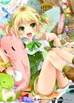  1girl blonde_hair blush bow company_name eyebrows_visible_through_hair fang green_bow green_eyes green_ribbon hair_ribbon holding holding_stuffed_animal index_finger_raised looking_at_viewer mohumohu-san open_mouth panties pantyshot pointing pointing_at_viewer pointy_ears ribbon shinkai_no_valkyrie short_hair short_twintails sitting smile solo stuffed_animal stuffed_dinosaur stuffed_toy twintails underwear white_panties 