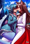  2girls :d animal_ears asymmetrical_docking bangs blue_eyes blue_hair blue_sky blush breast_press breasts brooch brown_hair clouds cloudy_sky cowboy_shot day dress face-to-face fish_tail from_side head_fins imaizumi_kagerou jadenkaiba japanese_clothes jewelry kimono large_breasts long_hair long_sleeves looking_at_another mermaid monster_girl multicolored multicolored_clothes multicolored_dress multiple_girls nose_blush open_mouth profile red_eyes short_hair sky smile tail touhou wakasagihime wavy_mouth wide_sleeves wolf_ears wolf_tail yuri 