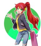  1girl bandaid bandaid_on_knee camp_camp company_connection denim earrings green_eyes happy iesupa jacket jeans jewelry pants ponytail pyrrha_nikos redhead roosterteeth rwby seiyuu_connection shirt skateboard solo tiara torn_clothes torn_jeans yellow_shirt 