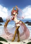  1girl armpits arms_up barbariank beach bikini blue_sky brass_dragon breasts claws dancer dragon_girl dragon_tail dungeons_and_dragons elbow_gloves full_body gloves gold gold_armor gorget greaves highres horn looking_at_viewer medium_breasts monster_girl navel_piercing ocean pale_skin piercing pink_hair pinky_out sarong scales see-through short_hair side-tie_bikini sky slit_pupils solo swimsuit tail thigh-highs under_boob yellow_eyes 
