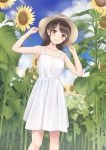  1girl arm_up bangs blue_sky brown_eyes brown_hair closed_mouth clouds cloudy_sky collarbone day dress eyebrows_visible_through_hair flower hand_up hat highres light_smile long_hair looking_at_viewer original outdoors sky smile solo standing sun_hat sundress sunflower white_dress yukimaru217 
