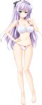  1girl ass_visible_through_thighs barefoot bow bow_bra bow_panties bra breasts choco_chip covered_nipples ero_zemi full_body green_eyes hair_bow hair_ornament hairclip hand_on_hip highres large_breasts lavender_hair long_hair looking_at_viewer navel official_art panties sagisawa_karen spaghetti_strap transparent_background underwear underwear_only white_panties 