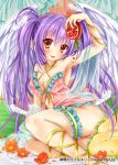  1girl angel_wings ass bare_shoulders blush breasts brown_eyes cleavage collarbone company_name eyebrows_visible_through_hair feathers flower food holding holding_food long_hair looking_at_viewer medium_breasts mohumohu-san purple_hair shinkai_no_valkyrie sitting smile solo tongue tongue_out twintails wings 